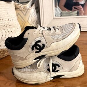 CHANEL Kids' White and Black Sneakers